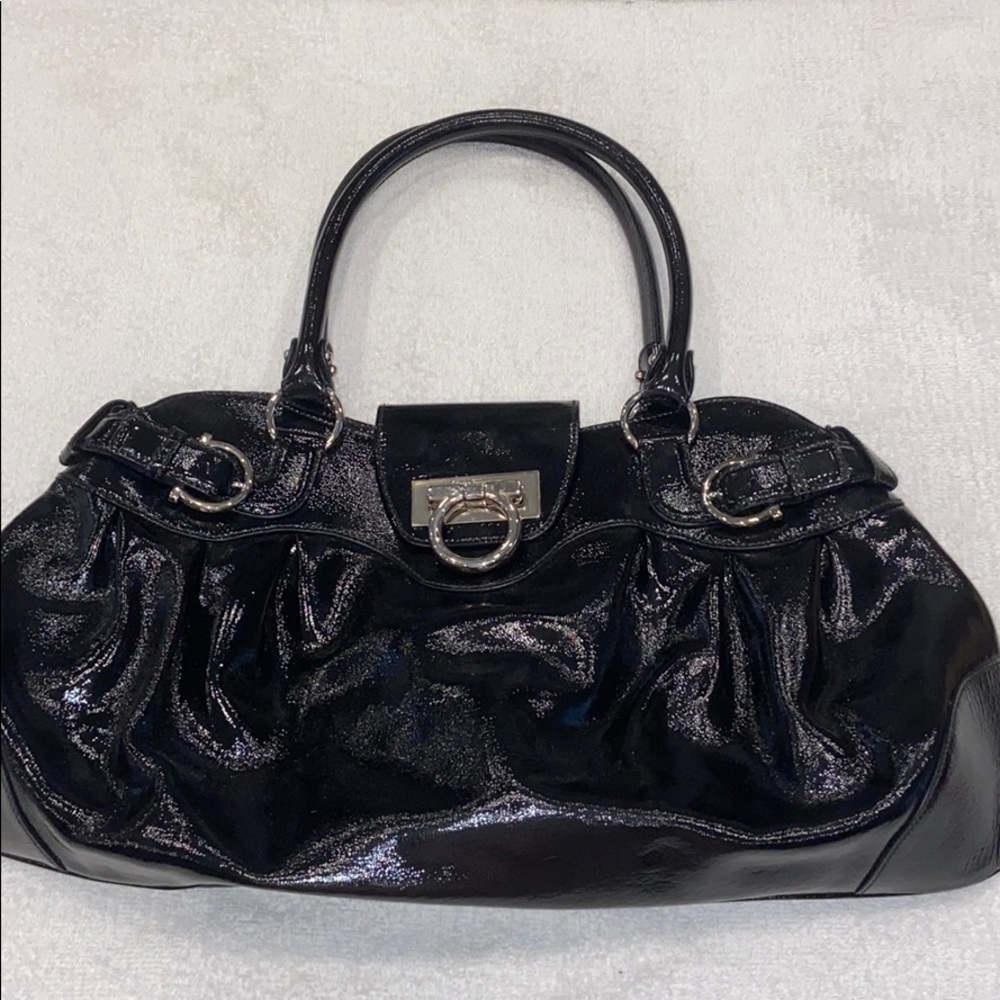 Authentic Black patentFerragamo gancini hobo bag